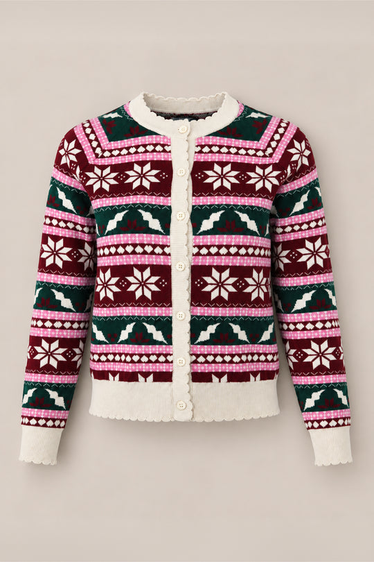 Introducing the Cornelia Cardigan in Festive Fair Isle by Ivy City Co—a cozy cotton sweater featuring a geometric and snowflake pattern in burgundy, pink, white, and green. With cream-colored buttons and trim, this maternity- and nursing-friendly cardigan brings effortless comfort and style to your seasonal wardrobe.