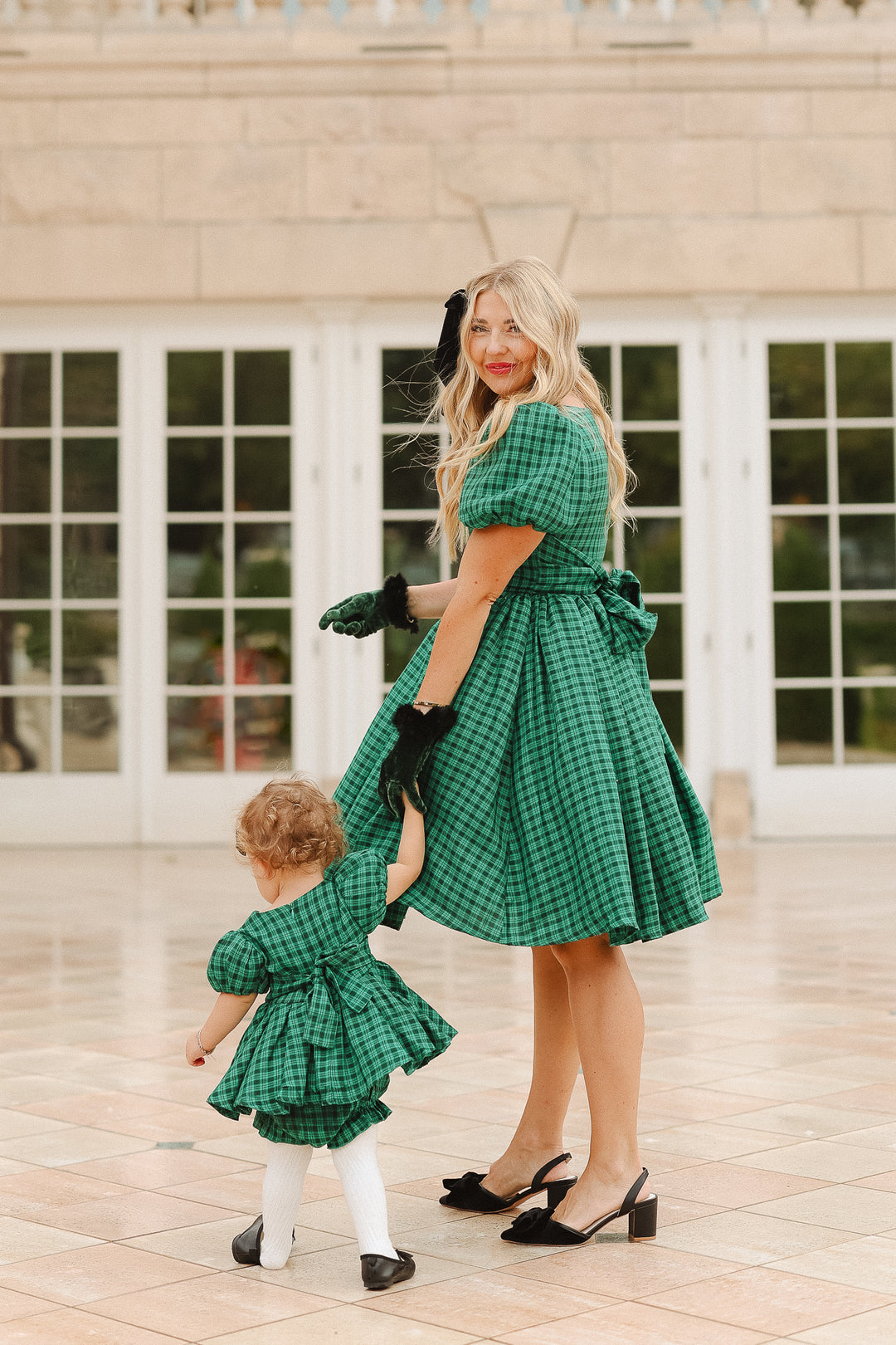 Baby Cupcake Dress Set in Bright Green Plaid