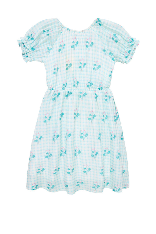 The Mini Jessie Dress in Bloom Gingham by Ivy City Co features a light blue gingham pattern with delicate floral prints. Designed for spring, this girls’ short-sleeve dress includes a gathered neckline and ruffled sleeve edges, offering a loose, comfortable fit that’s perfect for your child.