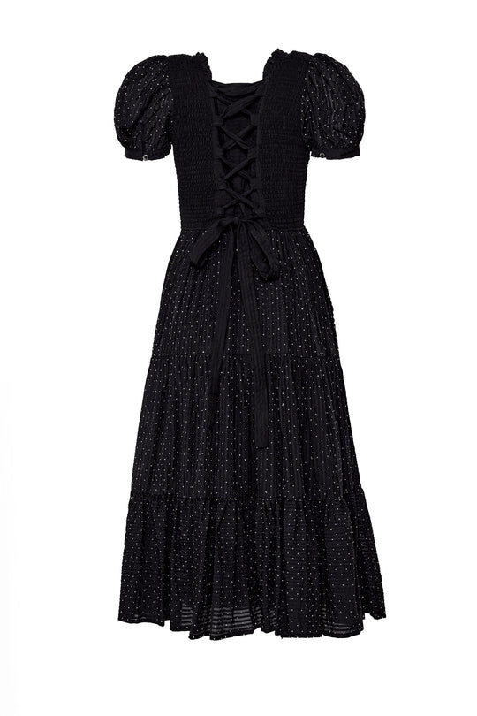 Black dress with puff sleeves on a white background