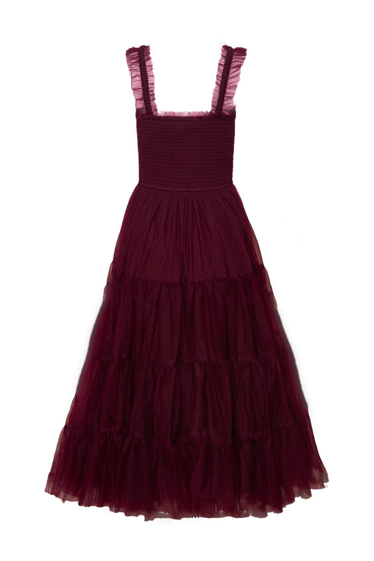 Burgundy evening gown with lace straps on a white background