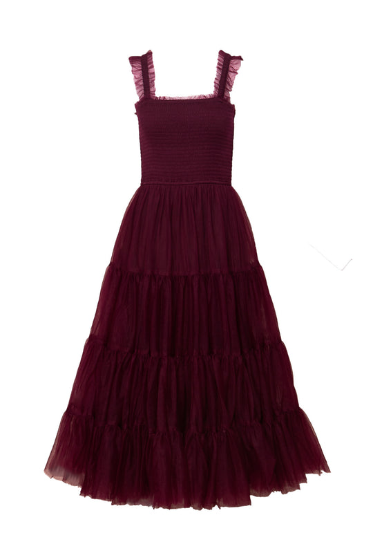 Maroon dress with lace straps on a white background