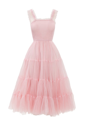 The Destiny Dress in Pink by Ivy City Co is a sleeveless, light pink tulle maternity dress with ruffled straps, a smocked bodice, and a full tiered skirt—offering comfort and romantic style for moms-to-be.