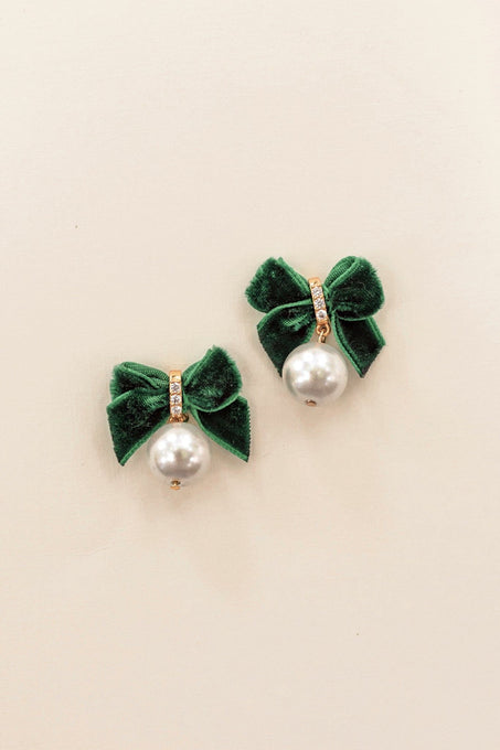 Velvet Bow Earrings in Green