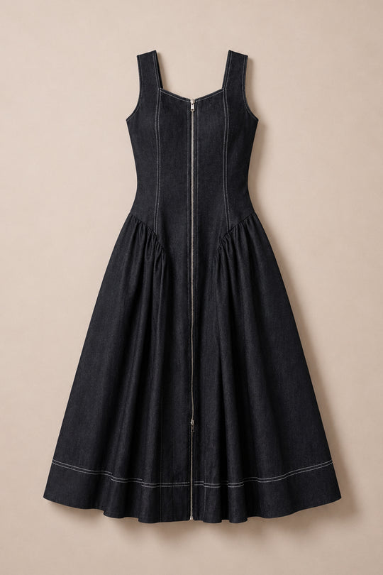 The Edith Dress in Black by Ivy City Co is a sleeveless black denim dress with white stitching, featuring a square neckline, fitted bodice, front zipper for nursing-friendly convenience, and a flared skirt. The dress is displayed laid flat on a beige background.