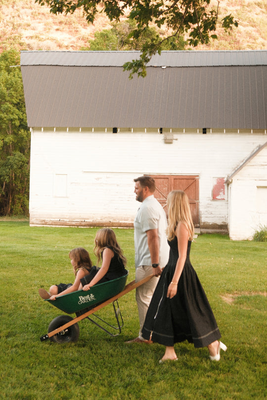 A man pushes two children in a green wheelbarrow across the grass while a woman, wearing the Ivy City Co Edith Dress in Black—a nursing-friendly, tea-length dress—walks beside them. A white barn stands in the background.