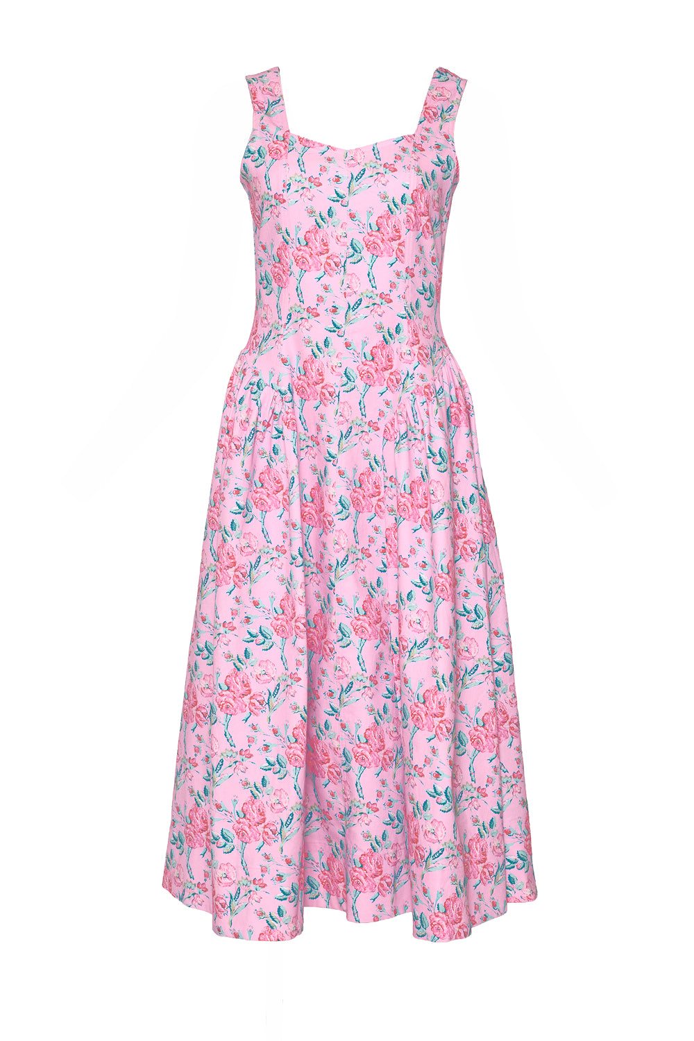 The Edith Dress in Pink Sketched Flower by Ivy City Co is a sleeveless midi dress with a fitted bodice, square neckline, and flared skirt, showcasing a charming pink and green floral print.