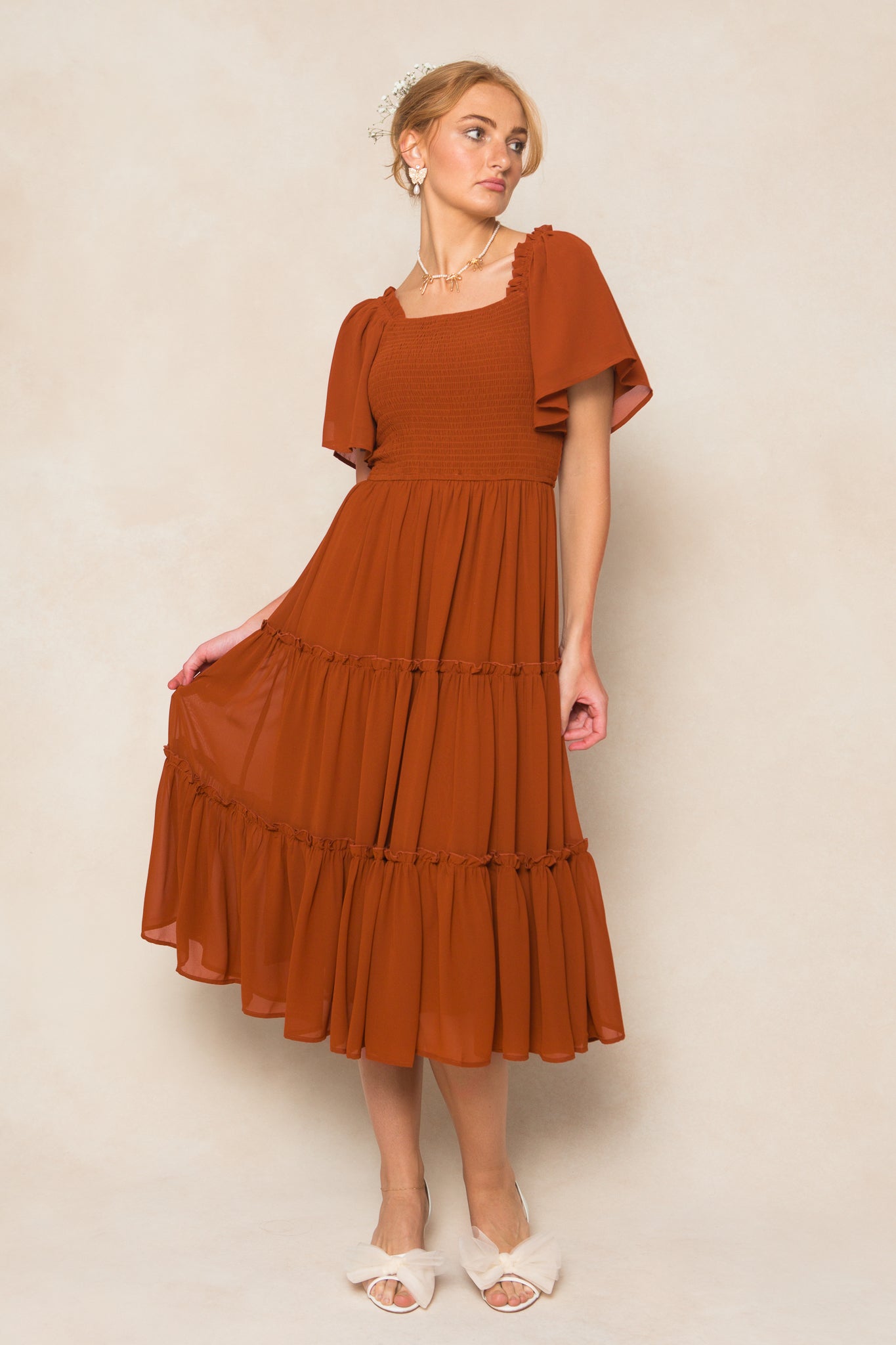 white christmas dresses Brown Chiffon Dress – Oyemwen main image 1