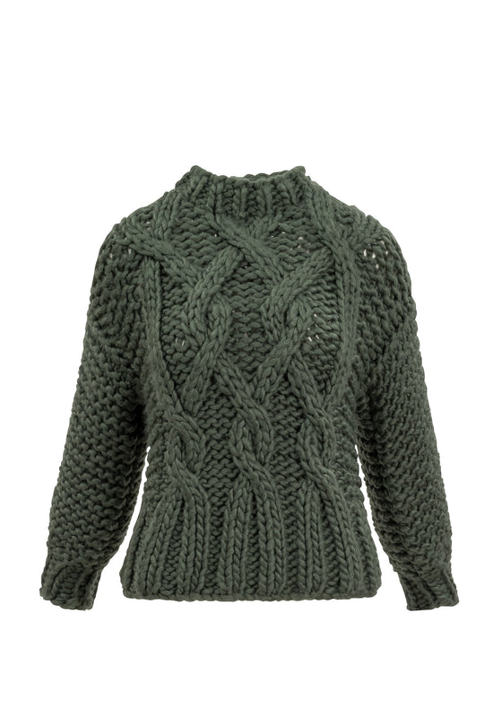 Green sweater against white background