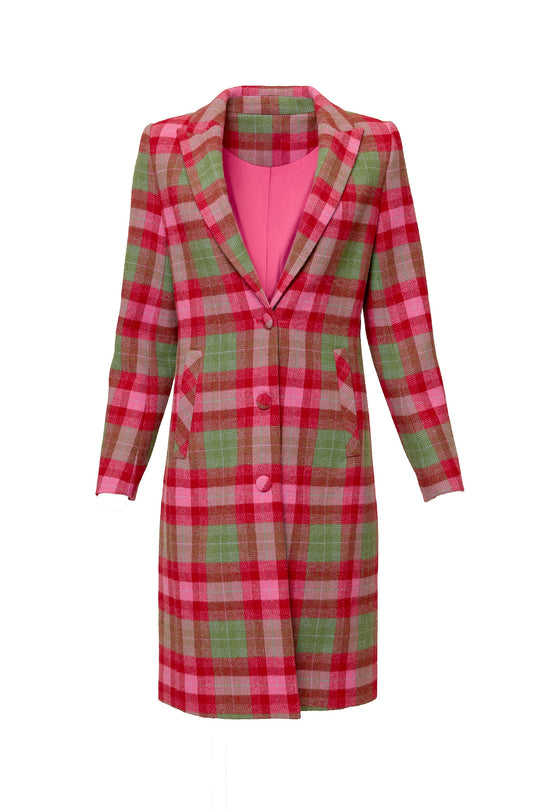 Plaid coat with pink shirt underneath on a white background