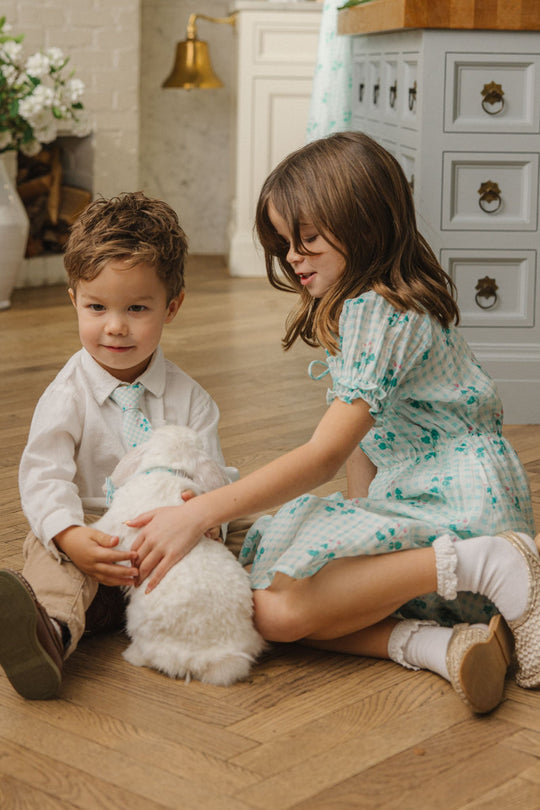 A young boy and girl sit on a wooden floor indoors, gently petting a fluffy white rabbit. The girl wears the charming Mini Jessie Dress in Bloom Gingham by Ivy City Co, while the boy is dressed smartly in a white shirt and tie. They both appear happy and calm.
