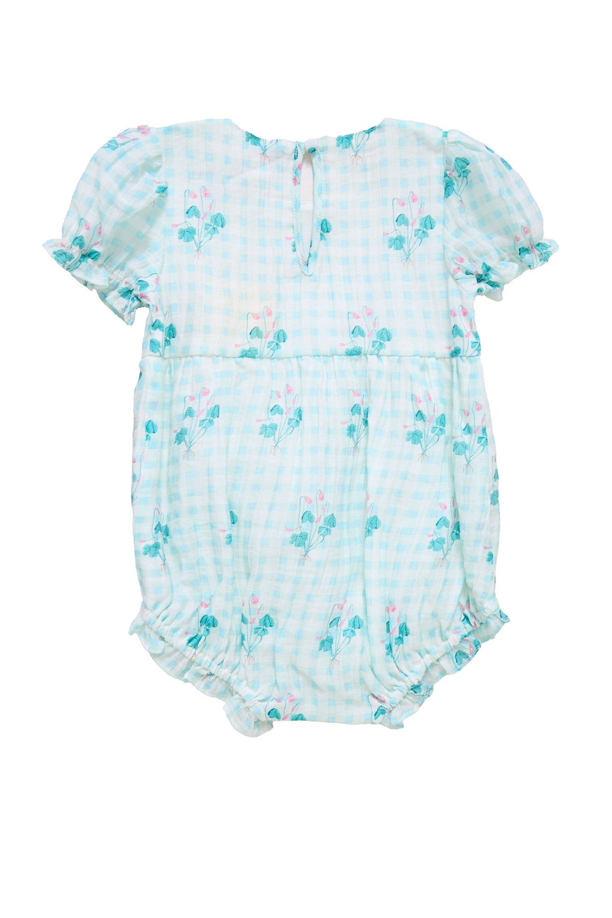 The Baby Jessie Romper in Bloom Gingham by Ivy City Co features a charming light blue and white gingham pattern with short puff sleeves, delicate floral details, ruffled leg openings, and a small button closure at the back—making it a perfect Easter outfit for your little one.
