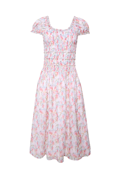 Introducing the Kyla Dress in Watercolor Orchids by Ivy City Co—a light pink and white floral chiffon midi dress with short puff sleeves and a smocked bodice. Designed with a fitted top and gently flared skirt, this nursing-friendly dress offers mothers effortless comfort and style with its soft, feminine silhouette.