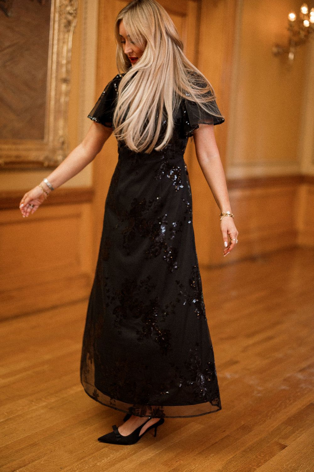 Fiona Dress in Obsidian Bloom Sequin