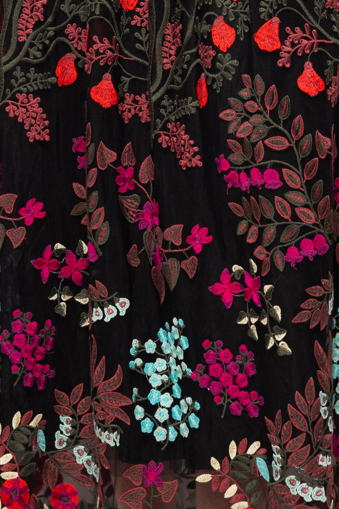 Close-up of a black fabric with colorful floral embroidery