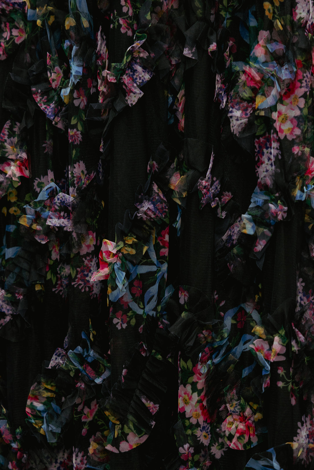 Black floral-patterned garment on a dark background