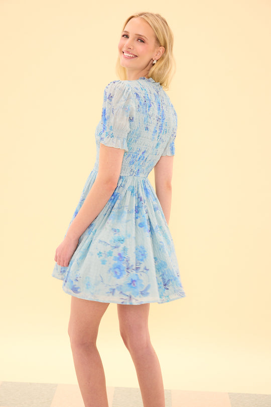 Woman wearing a light blue floral dress on a yellow background