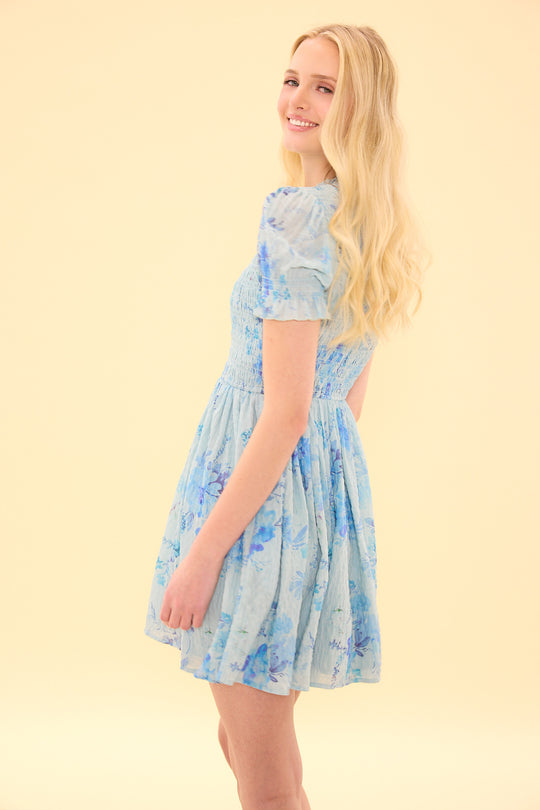 Woman wearing a blue floral dress against a yellow background