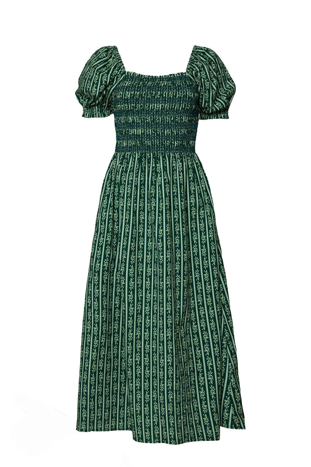 The Sunday Best Dress in Pine Felicity Floral by Ivy City Co is a green and white patterned midi dress featuring puffed short sleeves, a smocked bodice, and a flared skirt—nursing and maternity friendly for easy comfort.