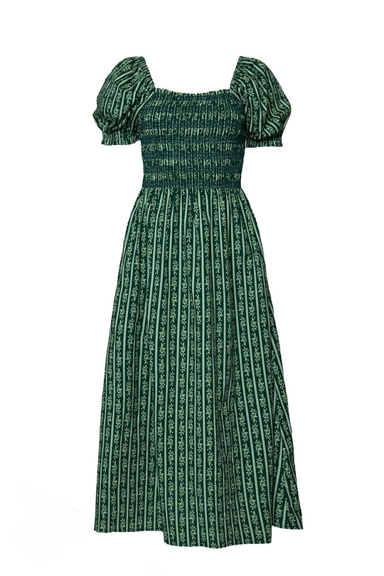 The Sunday Best Dress in Pine Felicity Floral by Ivy City Co is a green and white patterned midi dress featuring puffed short sleeves, a smocked bodice, and a flared skirt—nursing and maternity friendly for easy comfort.