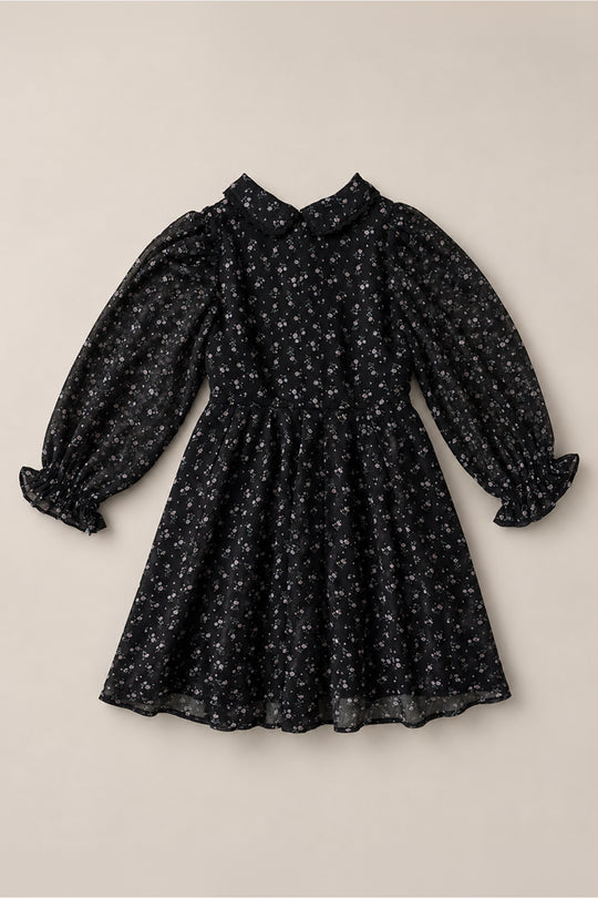 The Mini Sophia Long Sleeve Dress in Noir Ditsy Chiffon by Ivy City Co is displayed flat on a beige background, featuring a black chiffon fabric with a small white floral print, a peter pan collar, and ruffled cuffs.