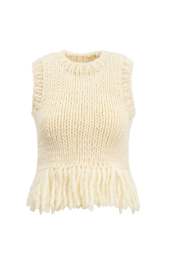 Cream-colored knitted vest with fringe on a white background