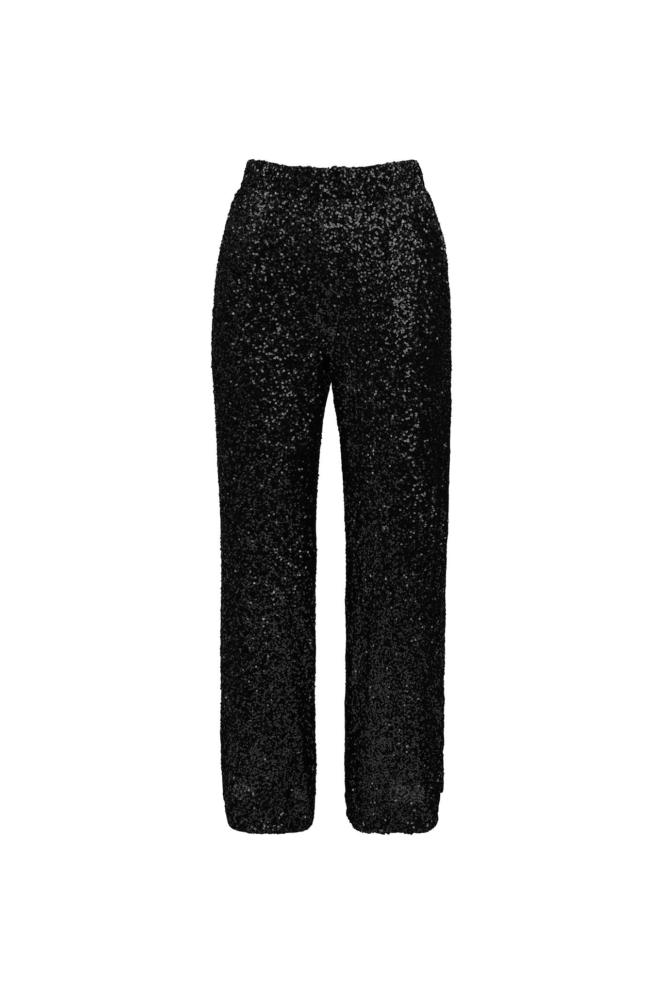 The Gloria Pants in Black Sequin by Ivy City Co feature a straight-leg cut and elastic waistband for a maternity-friendly, comfortable fit—ideal for festive events. Shown on a white background.
