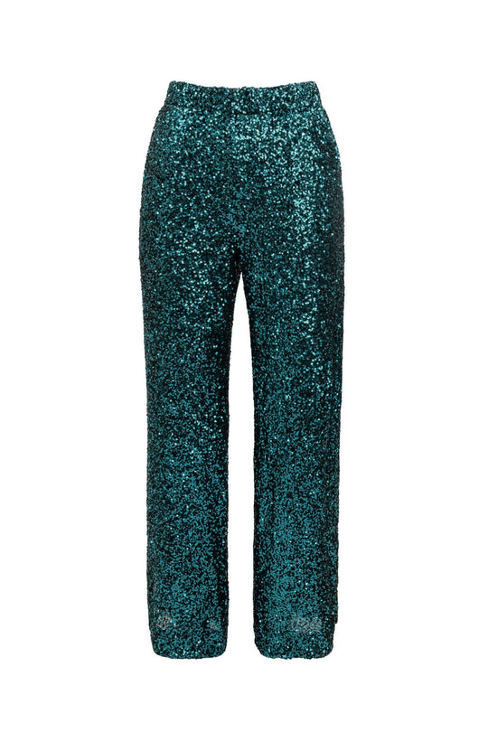 Teal sequin pants on a white background