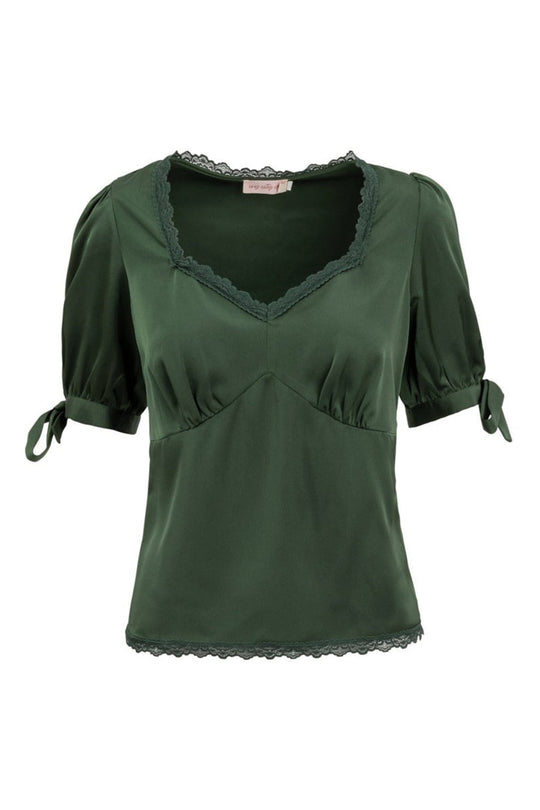 Dark green Ivy City Co Ariella Blouse in Green with a lace-trimmed neckline, puffed sleeves with tie cuffs, and a lace hem.