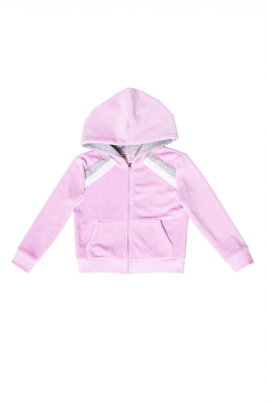 The Ivy City Co Mini Kailey Zip Up Velour Sweatshirt in Pink is a cozy girls’ zip-up jacket featuring two front pockets, a gray-lined hood, and diagonal gray and white stripes on the shoulders. It is shown laid flat on a white background.