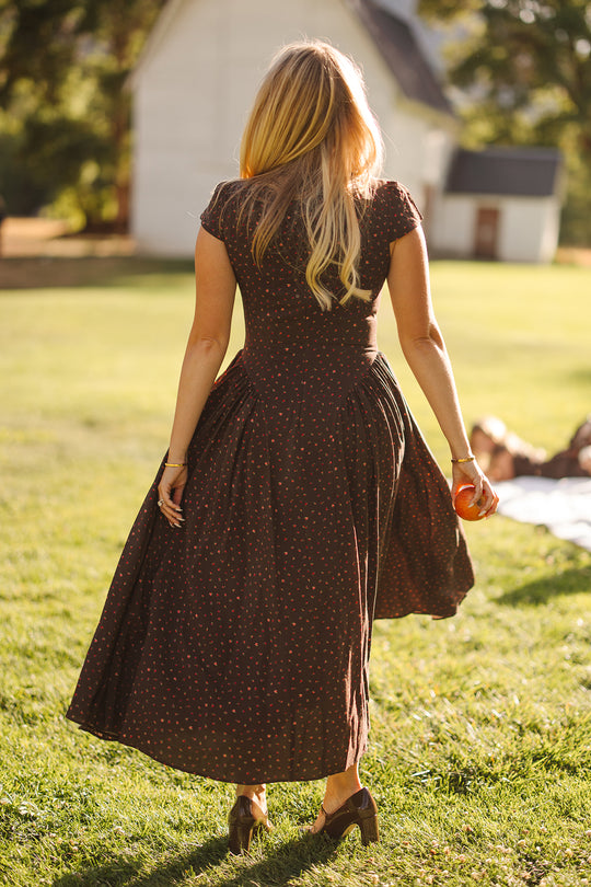 brown dress spring Harriet in Chocolate Dainty Roses Color:Spice Shantung room for hips 920 Plus Size Women's Peplum