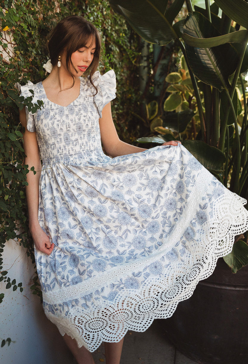 blue floral lace dress Hattie in sparkling jewels atop a tiered and 30 Maxi Dress With Colour:DARK BLUE