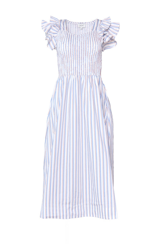 The Hattie Dress in Heritage Stripe by Ivy City Co features vertical pastel stripes, a smocked bodice, ruffled sleeves, and a flared skirt—making it a stylish and nursing-friendly choice for comfortable wear.