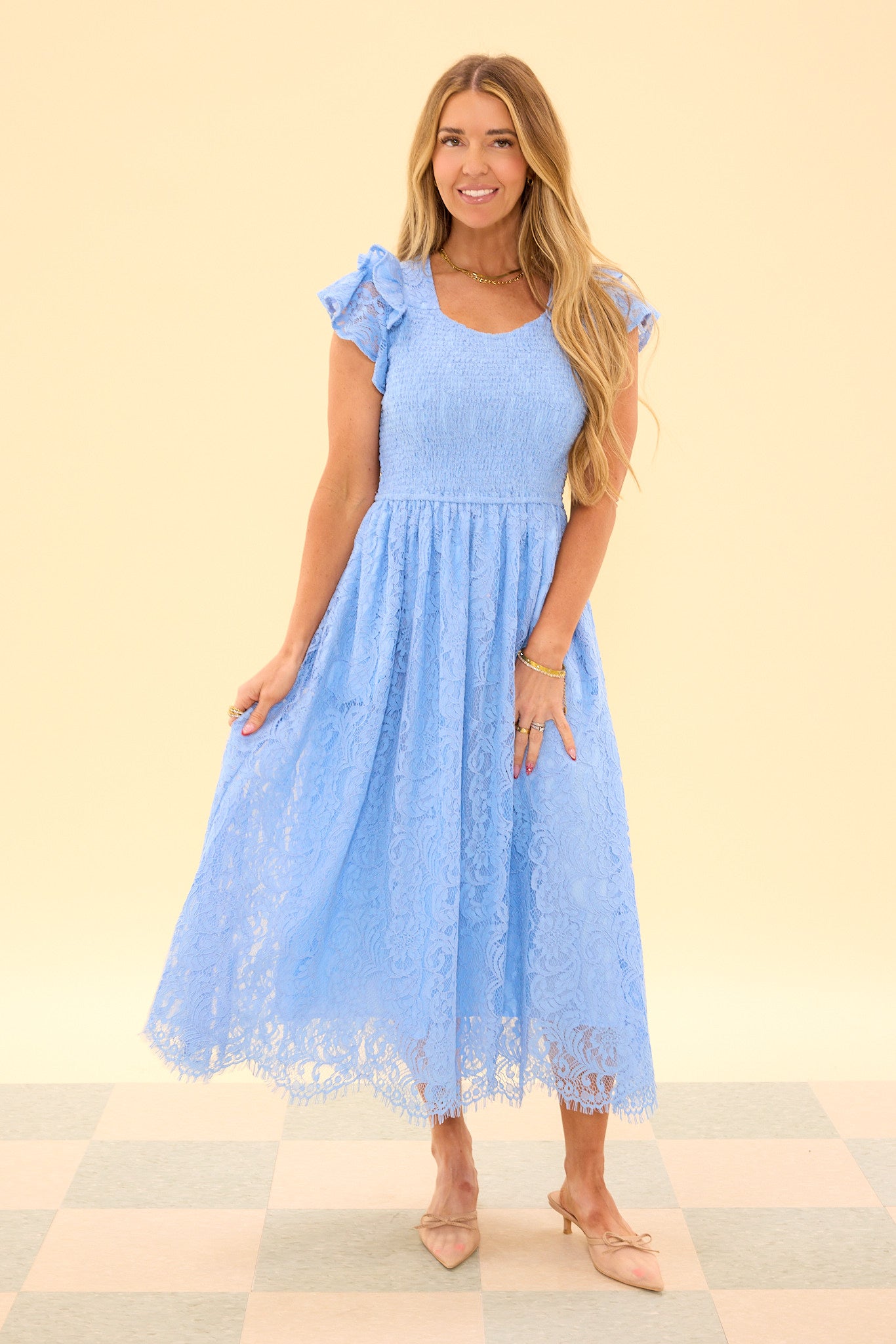 knee length dresses for ladies Hattie Dress in Cornflower Blue Lace
