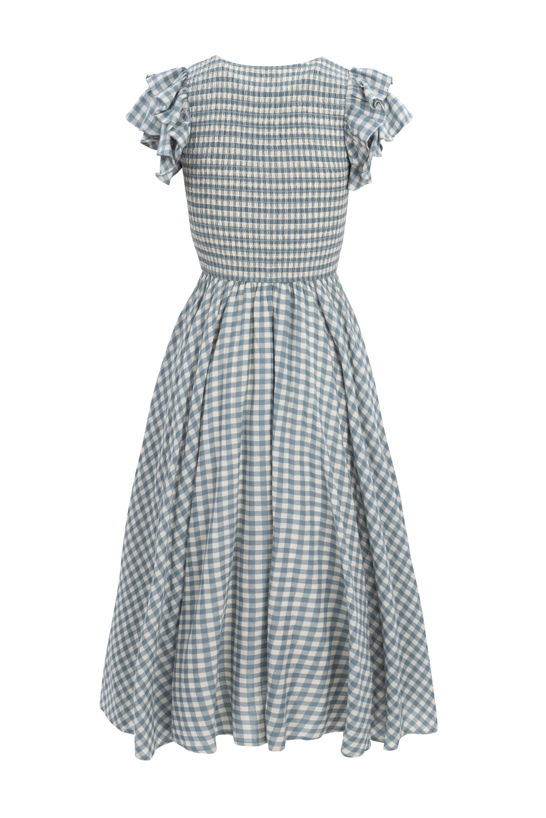 The Ivy City Co Hattie Dress in Dusty Teal Gingham is a blue and white cotton midi with short ruffled sleeves, a smocked bodice, flared skirt, and maternity-friendly fit—shown on a white background.