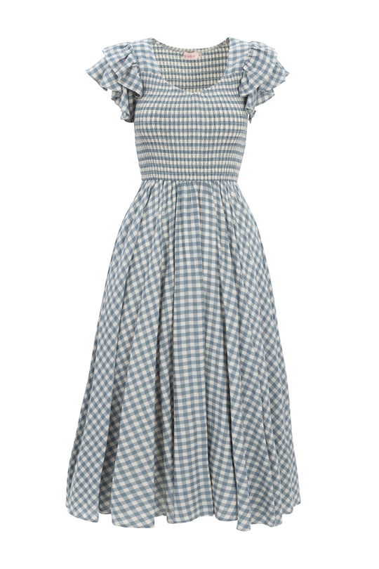 The Ivy City Co Hattie Dress in Dusty Teal Gingham features a smocked bodice, short ruffled sleeves, and a flared midi skirt—ideal as a comfortable, maternity-friendly dress with effortless style.
