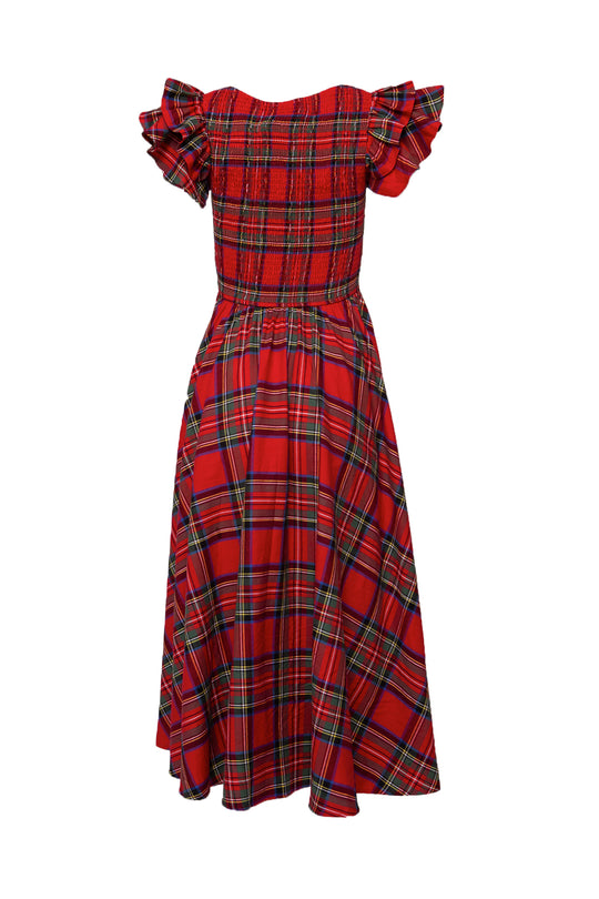 Red plaid dress with ruffled sleeves on a white background