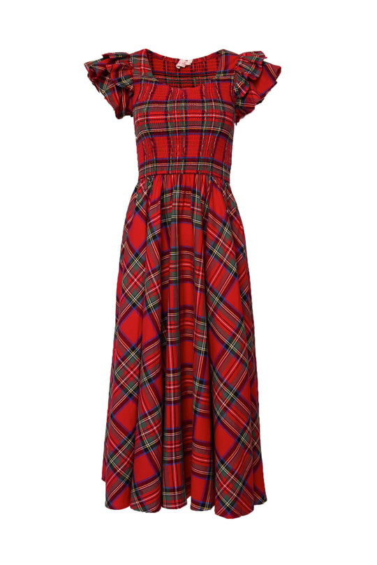Red plaid dress with ruffled sleeves on a white background