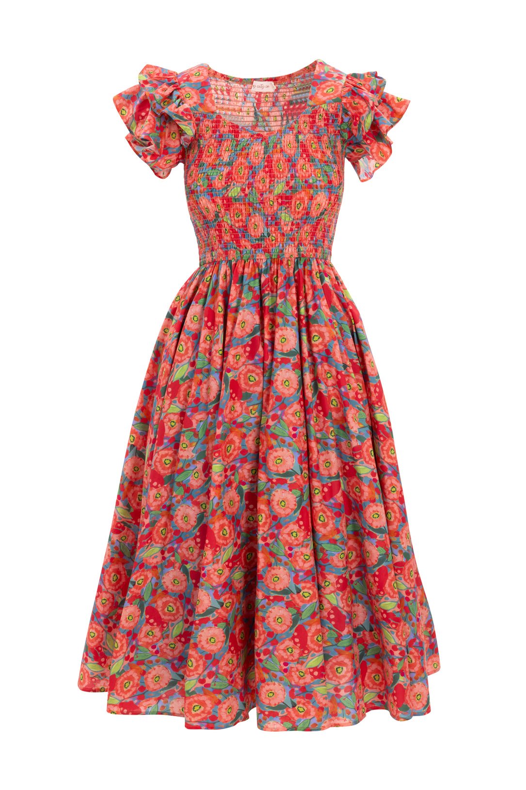 The Hattie Dress in Poppy by Ivy City Co features a vibrant red poppy pattern, puffed short sleeves, a smocked bodice, and a flowy midi skirt—perfect for bright summer days.