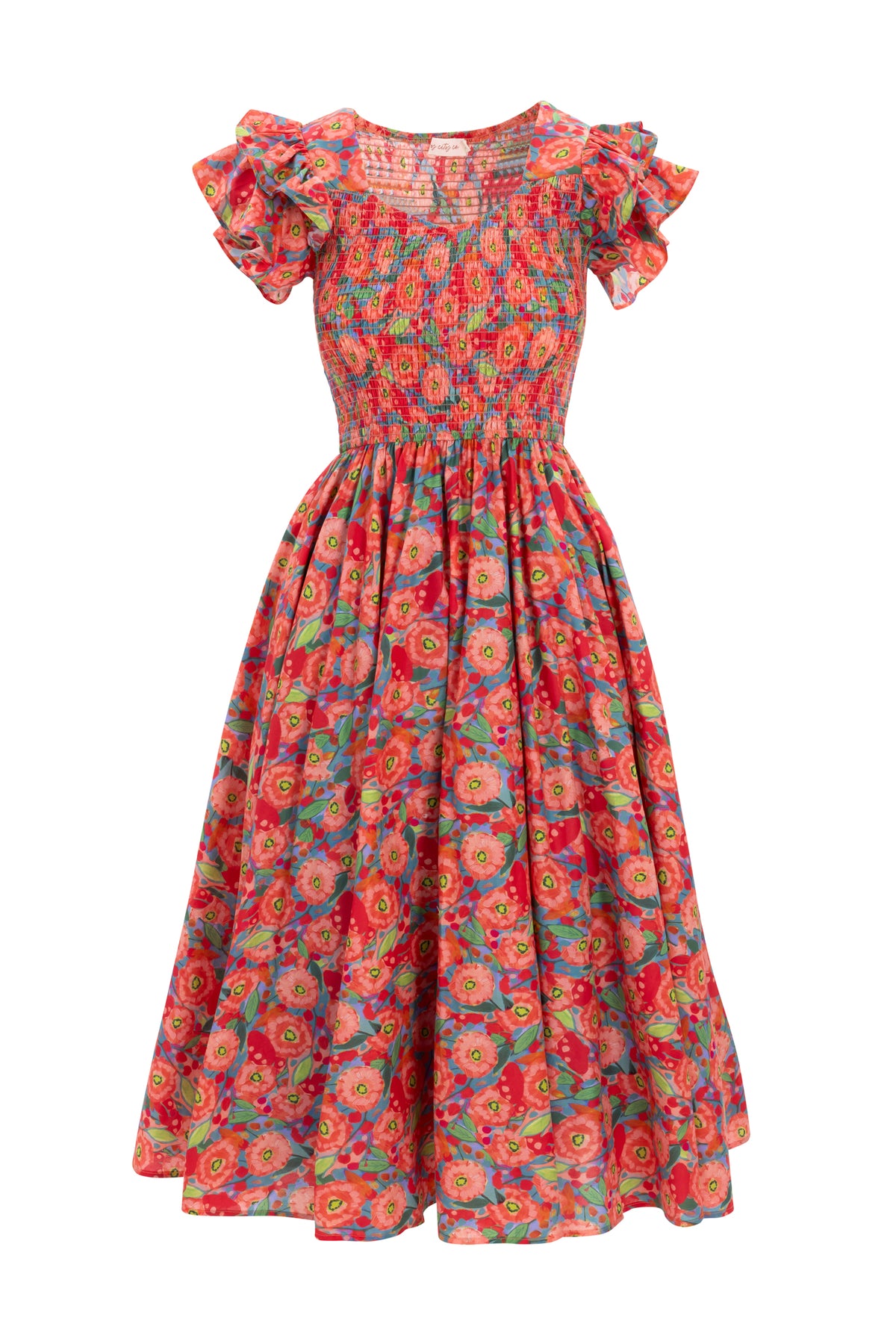 The Hattie Dress in Poppy by Ivy City Co features a vibrant red poppy pattern, puffed short sleeves, a smocked bodice, and a flowy midi skirt—perfect for bright summer days.