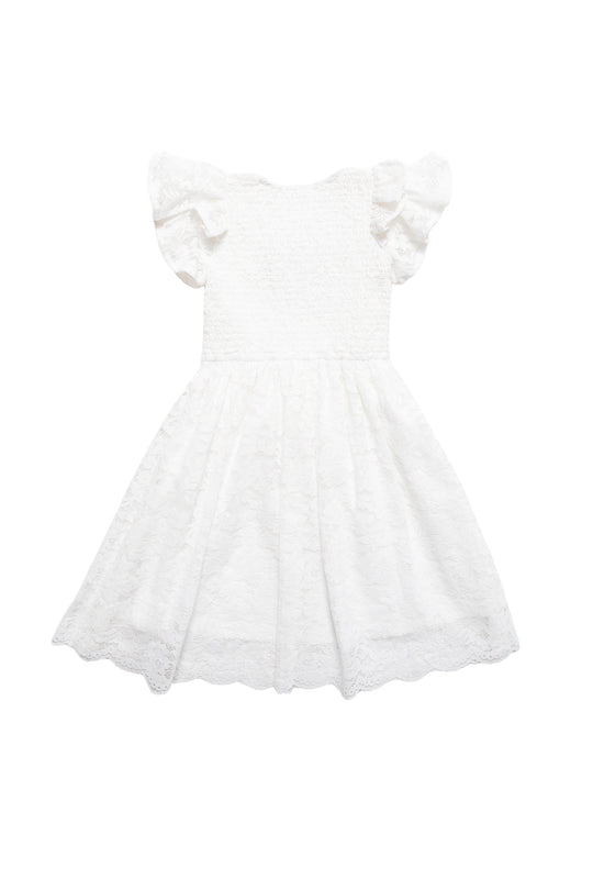 The Mini Hattie Dress in White Lace by Ivy City Co features ruffled short sleeves and a flared skirt, styled in a classic silhouette and shown flat against a white background.