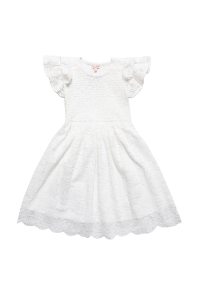 The Ivy City Co Mini Hattie Dress in White Lace features short ruffled sleeves and a flared, scalloped hem, shown against a plain white background.