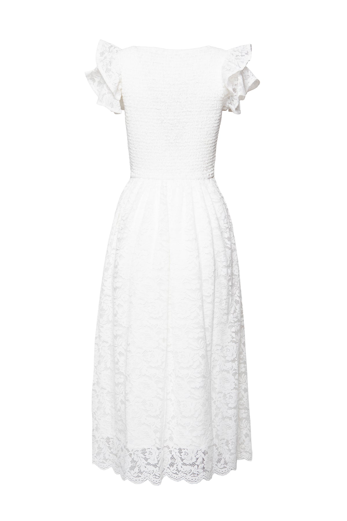 The Hattie Dress in White Lace by Ivy City Co is a romantic midi with a fitted bodice, ruffled cap sleeves, and flared scalloped skirt—ideal for bridal showers. Shown on a plain white background.
