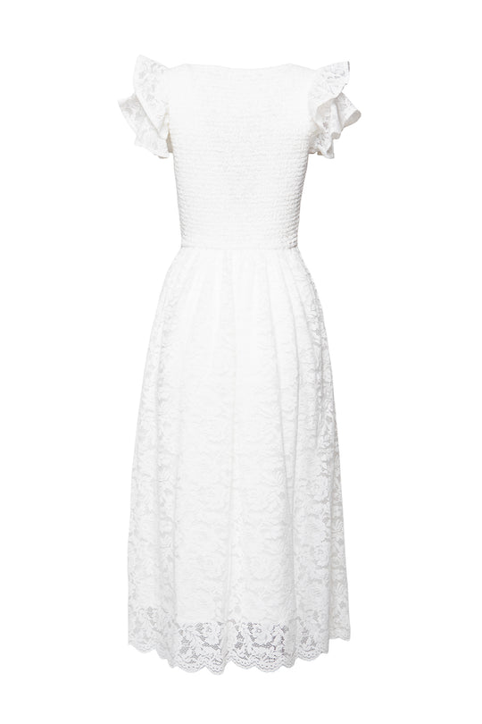 The Hattie Dress in White Lace by Ivy City Co is a romantic midi with a fitted bodice, ruffled cap sleeves, and flared scalloped skirt—ideal for bridal showers. Shown on a plain white background.