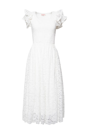 The Hattie Dress in White Lace by Ivy City Co features short ruffled sleeves, a fitted smocked bodice, and a flowing skirt with intricate lace—perfect as a bridal shower dress for an effortlessly elegant look.