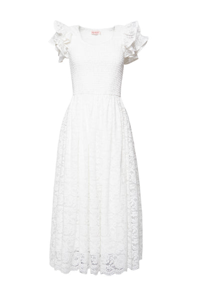 The Hattie Dress in White Lace by Ivy City Co features short ruffled sleeves, a fitted smocked bodice, and a flowing skirt with intricate lace—perfect as a bridal shower dress for an effortlessly elegant look.