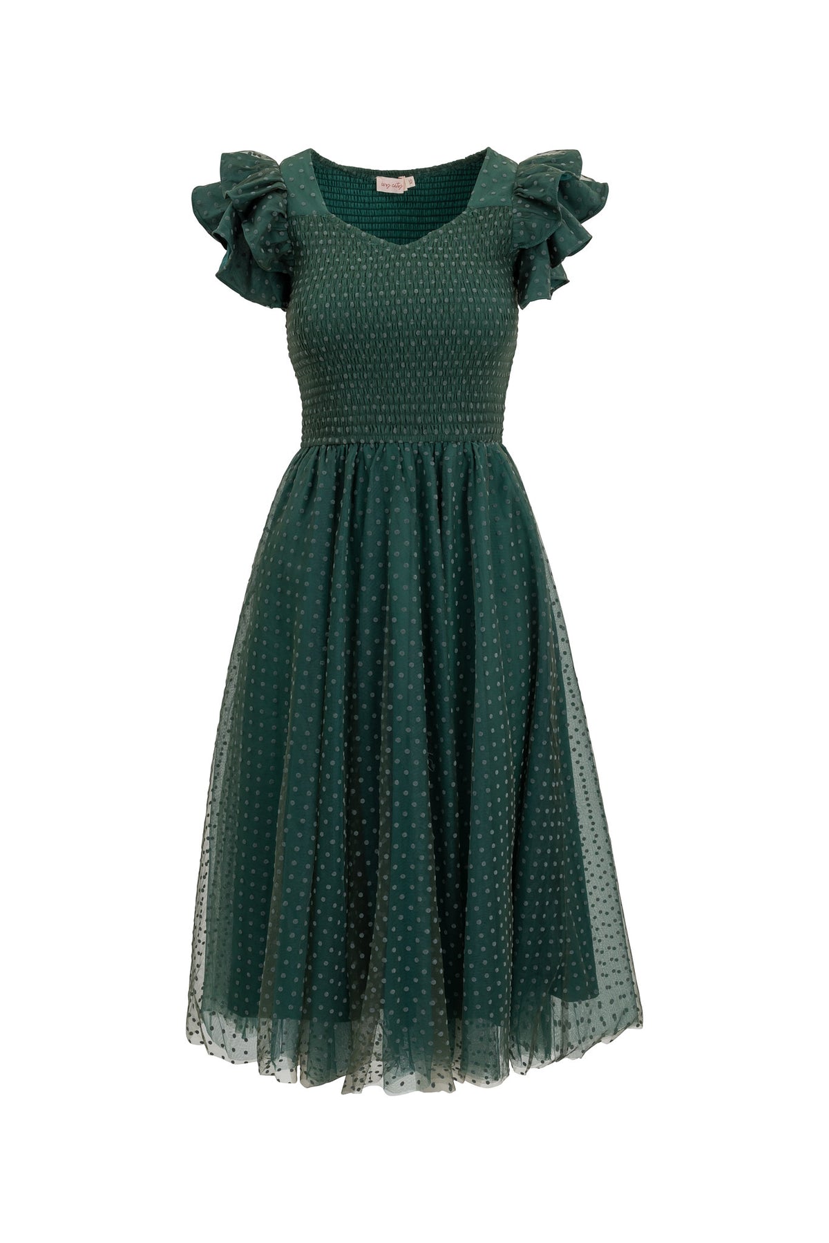 Green midi dress with short ruffle sleeves against a white background