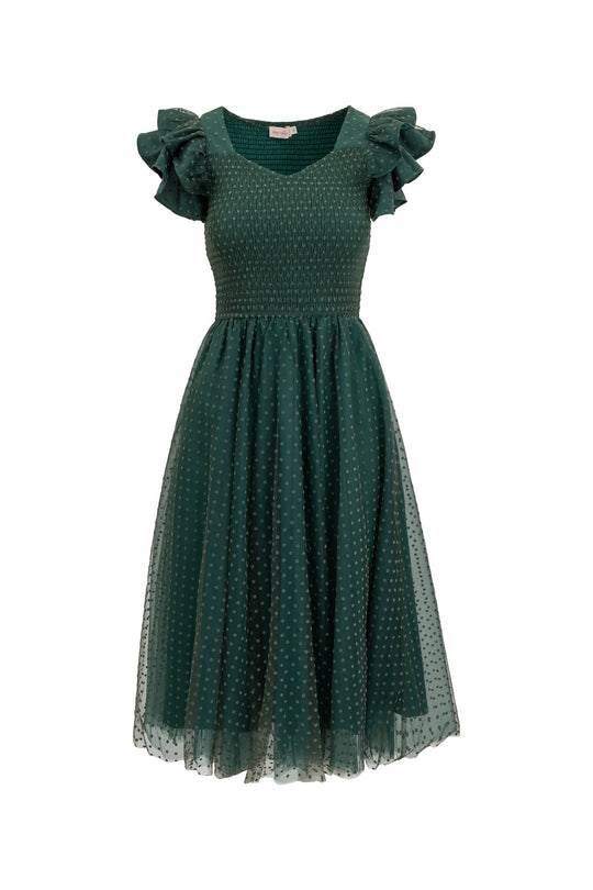 Green midi dress with short ruffle sleeves against a white background