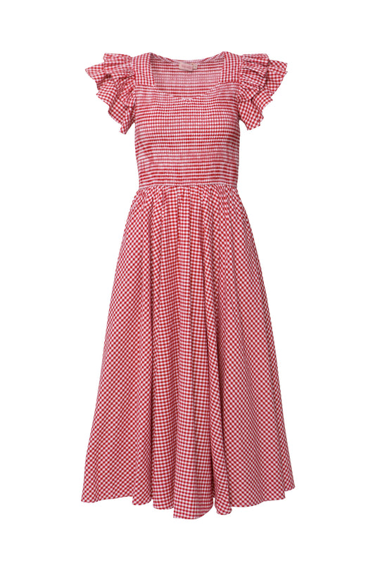 The Hattie Dress in Red Gingham by Ivy City Co features a fitted smocked bodice, square neckline, ruffled short sleeves, and flared mid-length skirt—making it a stylish, maternity-friendly choice.