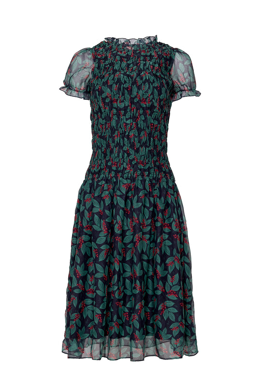 Green dress with red floral pattern on a white background